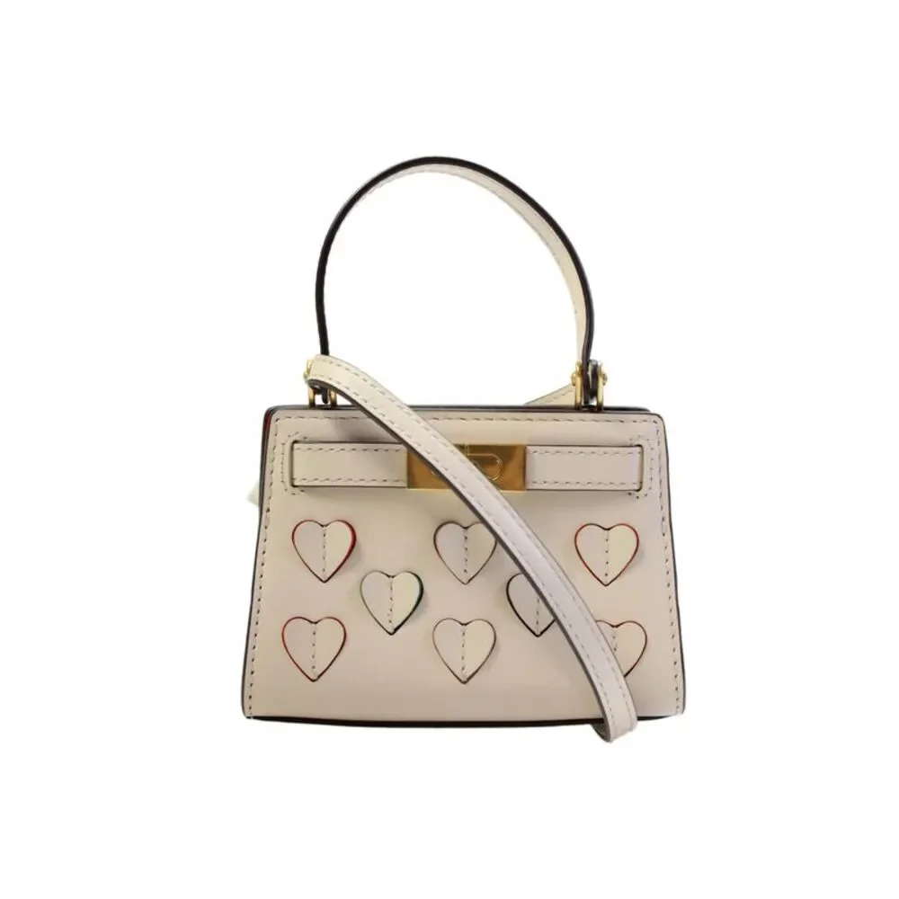 Tory Burch Womens Leather Nano Lee Radziwill Heart Applique Handbag Beige